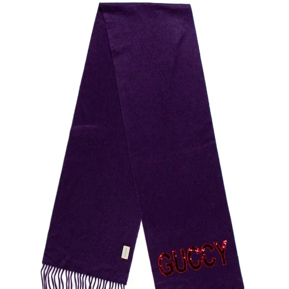 Gucci Purple and Red Scarf with Fringe and Embroidery